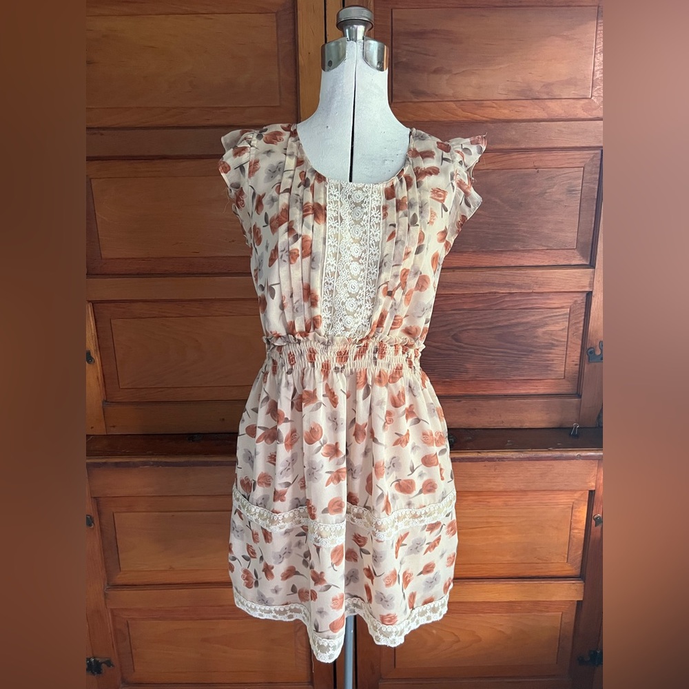 Blue Bird Floral Dress with Lace Detailing